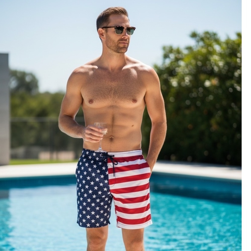 St Johns Bay Mens American Flag Swim Shorts Stars Stripes Red White Blue  NEW - Picture 2 of 11